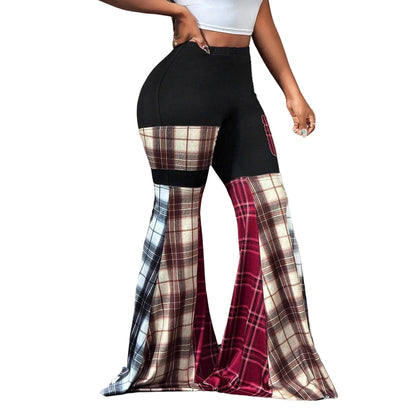 Patchwork High Waist Flared Casual Women's Trousers
