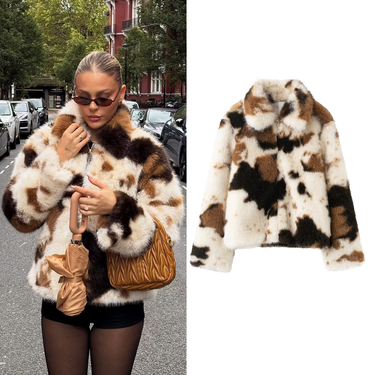 Artificial fur effect animal pattern jacket