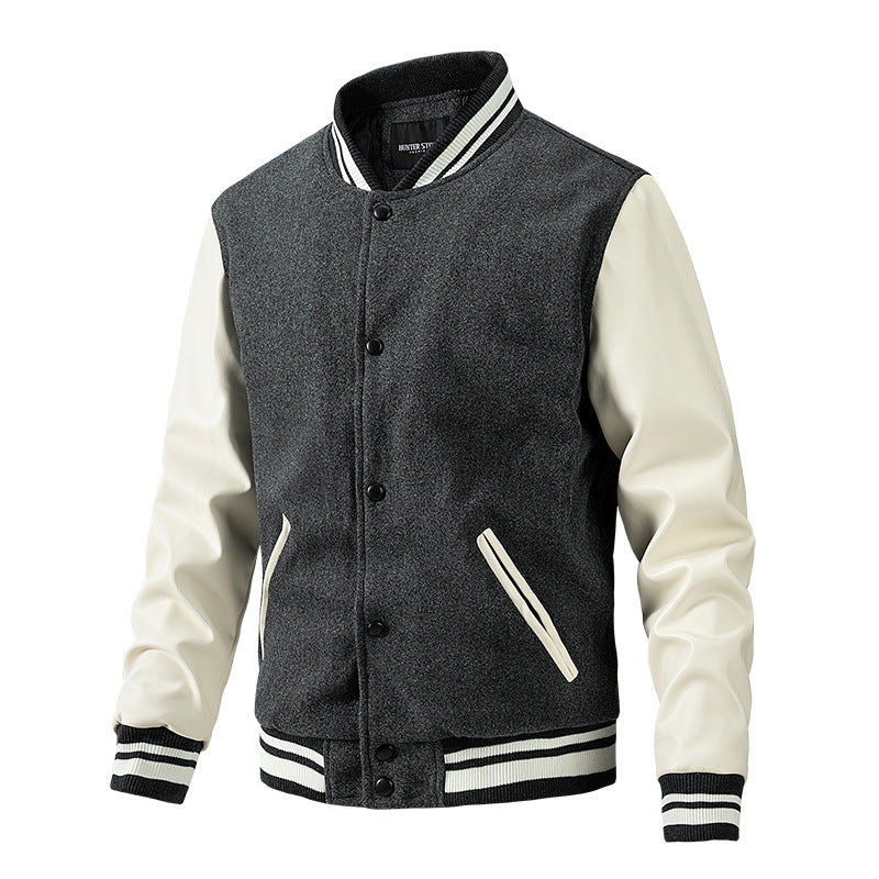 Men’s Casual Color-Block Baseball Jacket – Cotton & Wool Blend