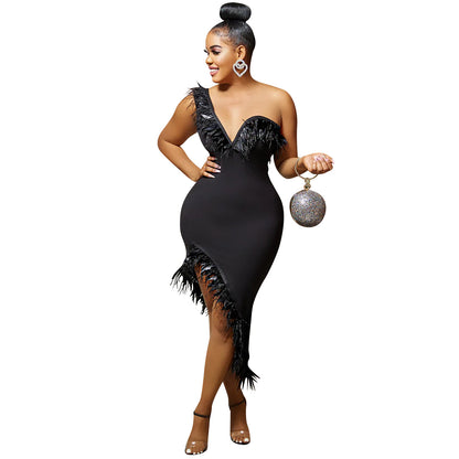 Elegant Sleeveless V-Neck Feather Dress