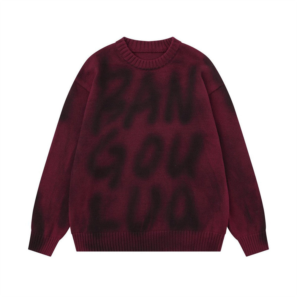 Spray painted graffiti letters round neck knitted sweater