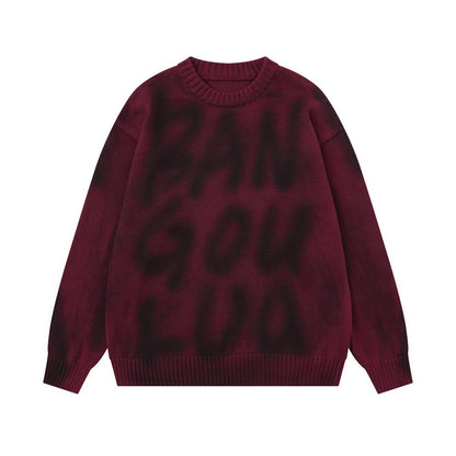 Spray painted graffiti letters round neck knitted sweater