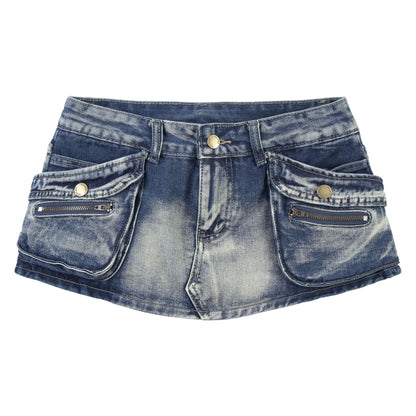 Multi pocket washed vintage denim mini skirt for women