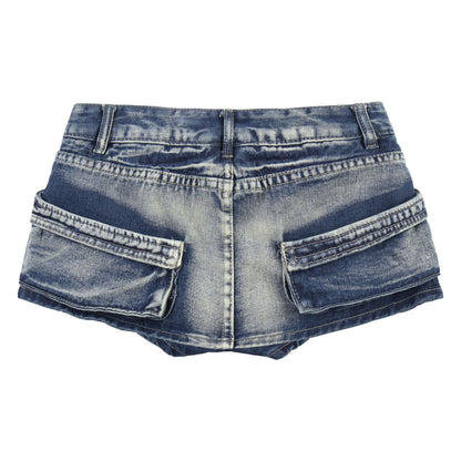 Multi pocket washed vintage denim mini skirt for women