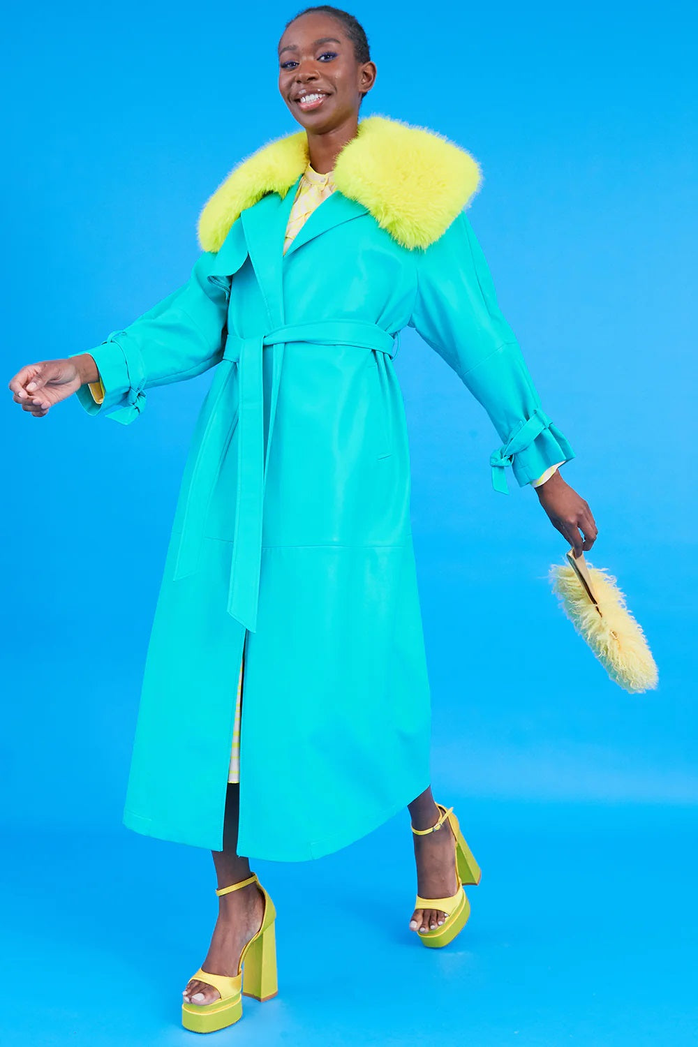 Green Faux Leather Trench Coat with Faux Fur Collar-1