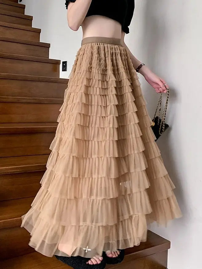 Advanced Mesh Half-Body Skirt Female Spring and Fall New High-Waisted Cake Womens Skirts-1