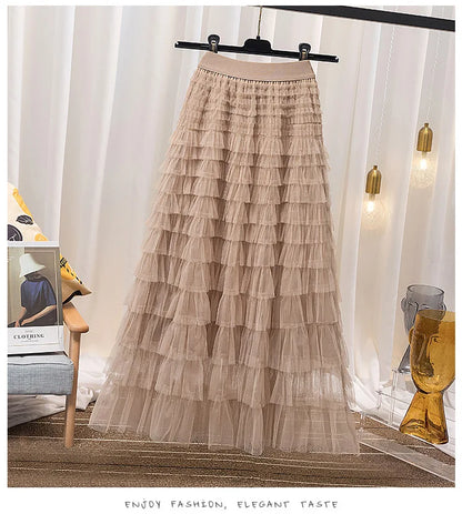 Advanced Mesh Half-Body Skirt Female Spring and Fall New High-Waisted Cake Womens Skirts-15
