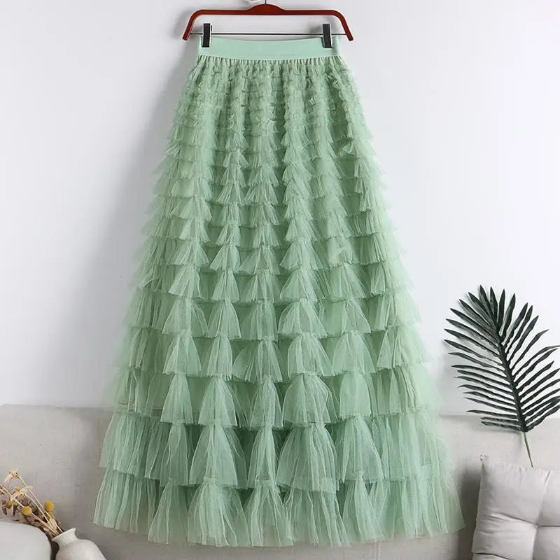 Advanced Mesh Half-Body Skirt Female Spring and Fall New High-Waisted Cake Womens Skirts-21