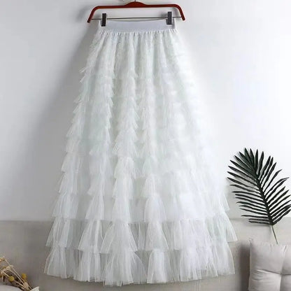 Advanced Mesh Half-Body Skirt Female Spring and Fall New High-Waisted Cake Womens Skirts-11