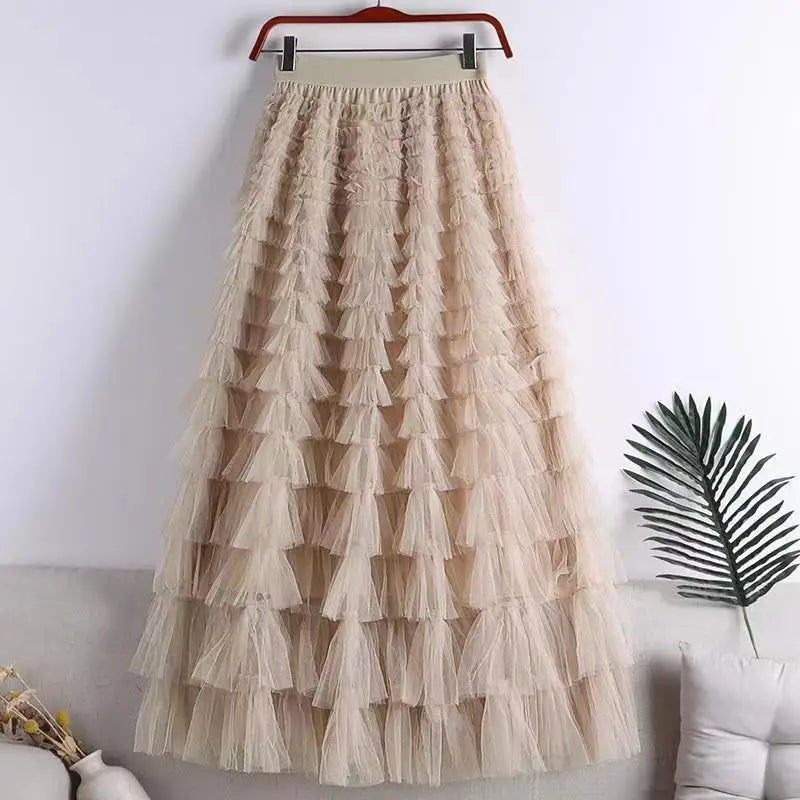 Advanced Mesh Half-Body Skirt Female Spring and Fall New High-Waisted Cake Womens Skirts-23
