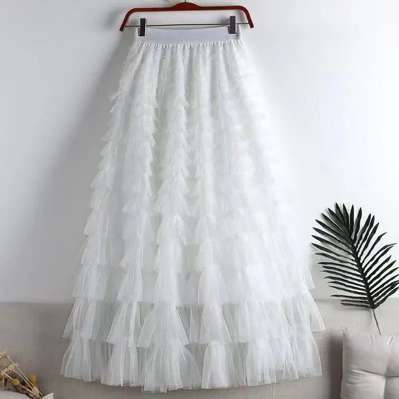 Advanced Mesh Half-Body Skirt Female Spring and Fall New High-Waisted Cake Womens Skirts-4