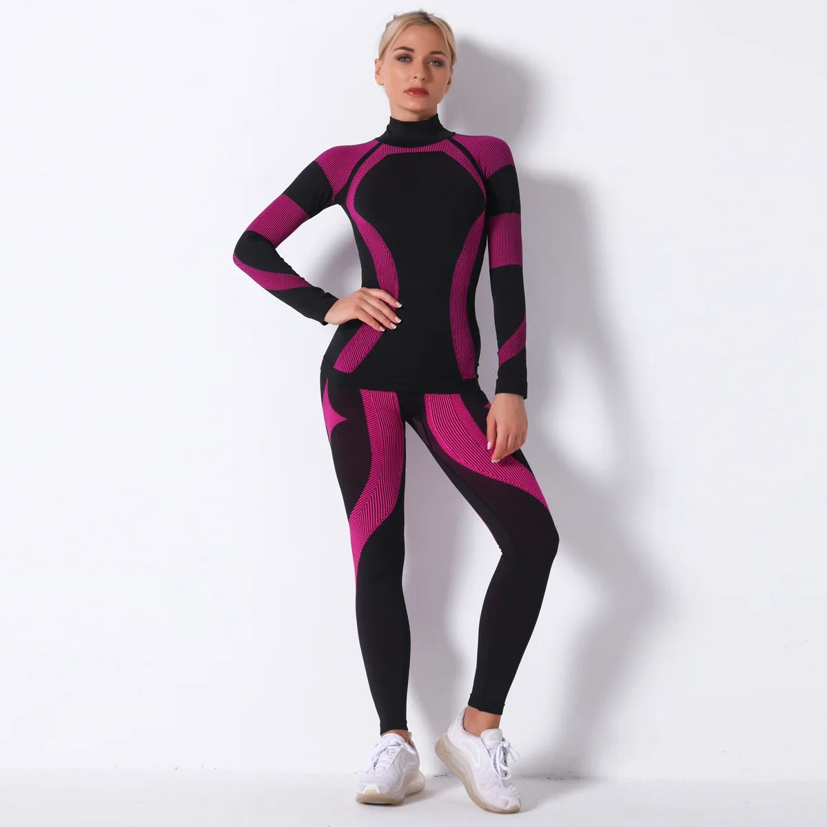 Breathable Yoga Workout Long Sleeve Shirt Leggings Set Gym Sports Fitness Striped Pants Suit For Women-9