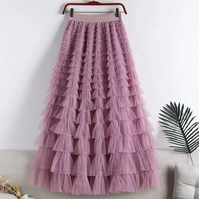Advanced Mesh Half-Body Skirt Female Spring and Fall New High-Waisted Cake Womens Skirts-24