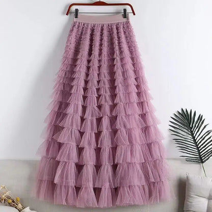 Advanced Mesh Half-Body Skirt Female Spring and Fall New High-Waisted Cake Womens Skirts-24