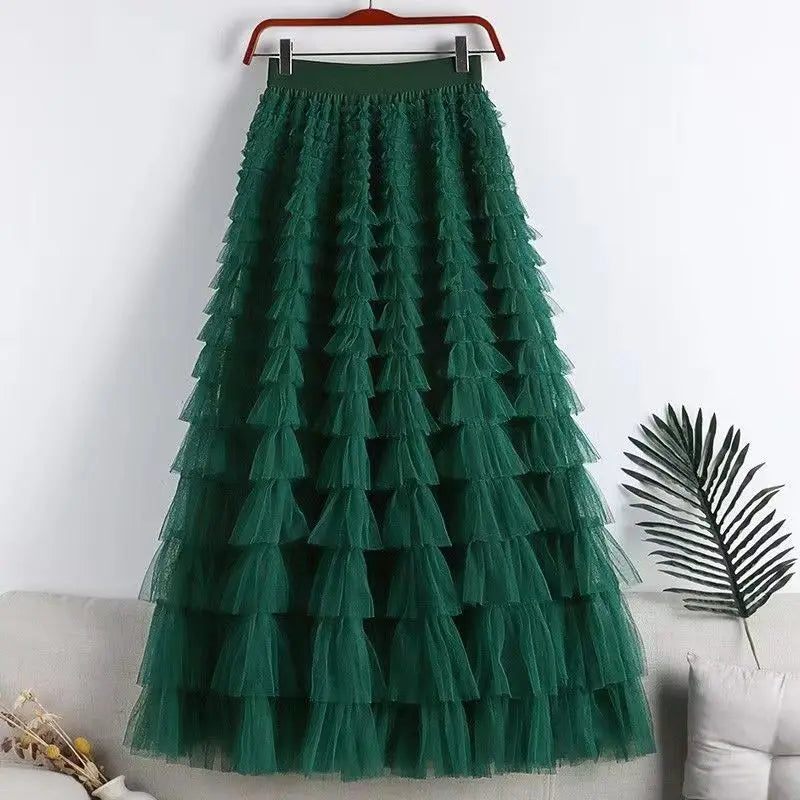 Advanced Mesh Half-Body Skirt Female Spring and Fall New High-Waisted Cake Womens Skirts-20