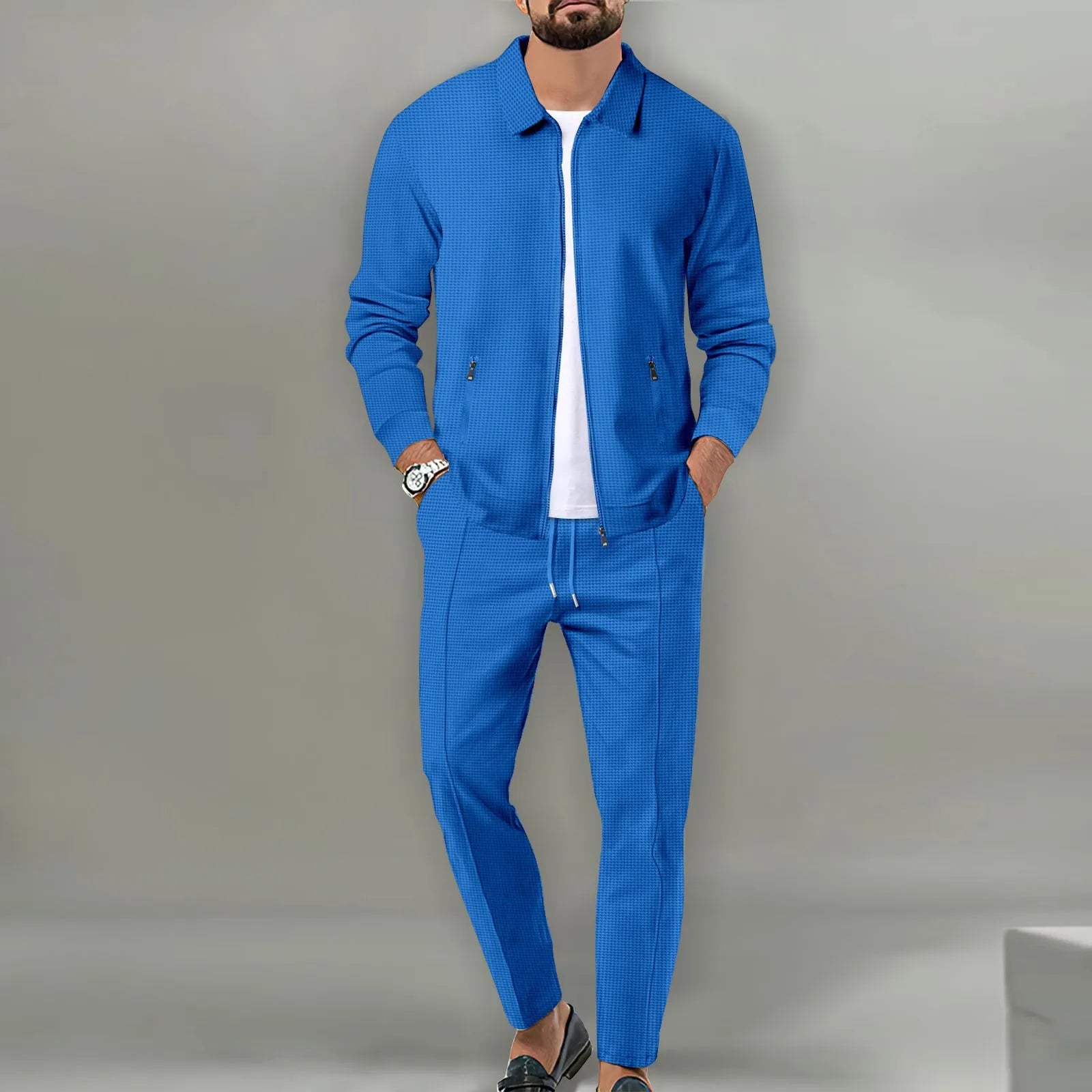 2024 Korea new men's fall two-piece jogging lapel jacket top + loose pants cotton casual sportswear big size workwear suit-3