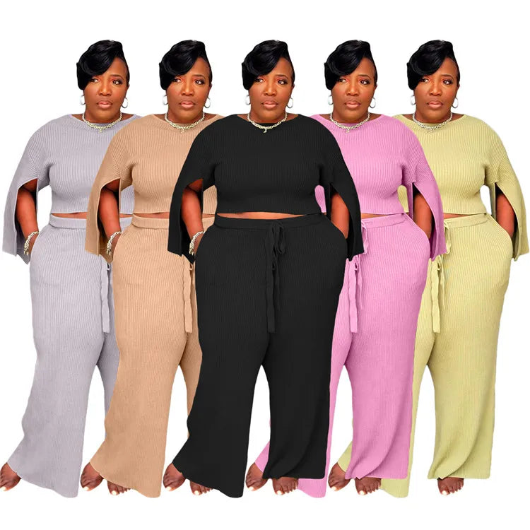 Amazon top seller solid color Crew Neck Knitted	custom logo sweat suit set women plus size women clothing two piece set-0