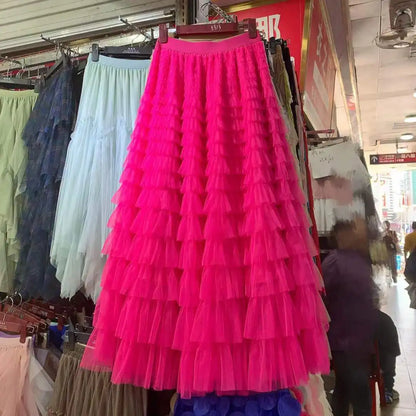 Advanced Mesh Half-Body Skirt Female Spring and Fall New High-Waisted Cake Womens Skirts-14