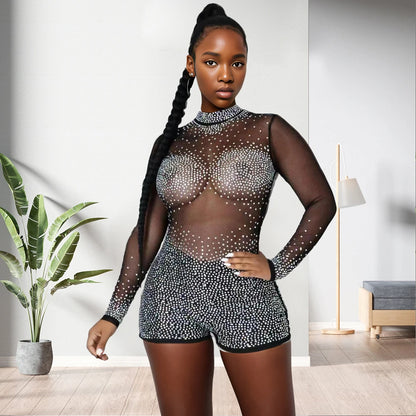 10501-MX56 Sexy Club Wear Hot Drilling See Through Jumpsuit Women Sehe Fashion-3