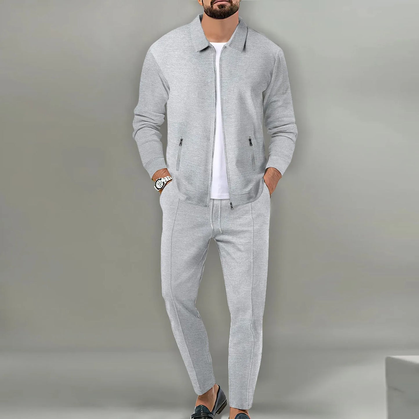 2024 Korea new men's fall two-piece jogging lapel jacket top + loose pants cotton casual sportswear big size workwear suit-6