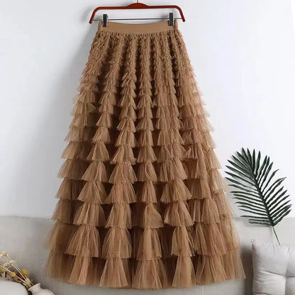 Advanced Mesh Half-Body Skirt Female Spring and Fall New High-Waisted Cake Womens Skirts-16