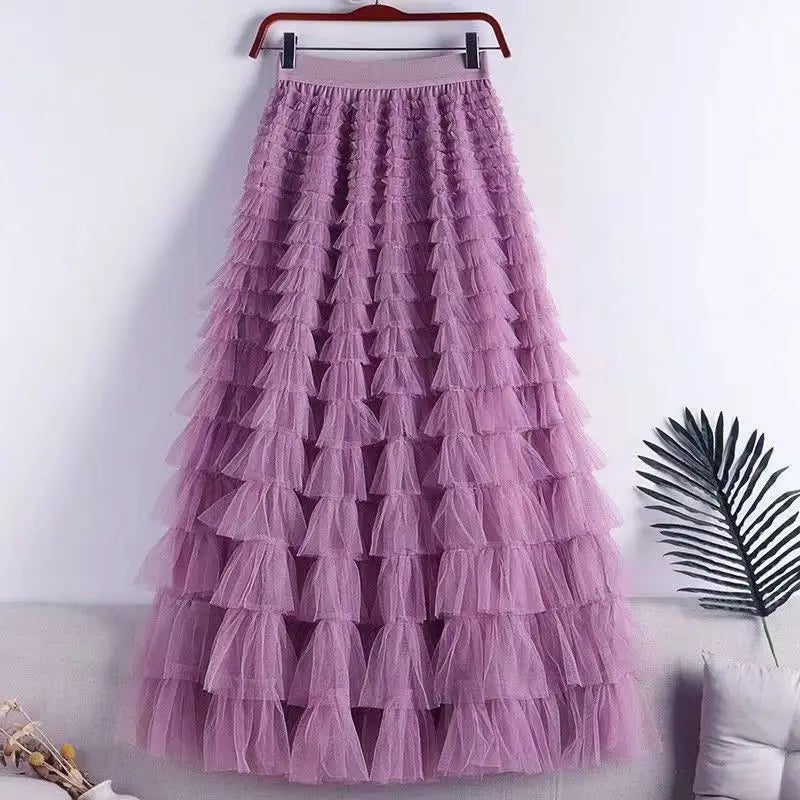 Advanced Mesh Half-Body Skirt Female Spring and Fall New High-Waisted Cake Womens Skirts-10