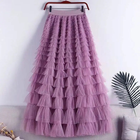 Advanced Mesh Half-Body Skirt Female Spring and Fall New High-Waisted Cake Womens Skirts-10