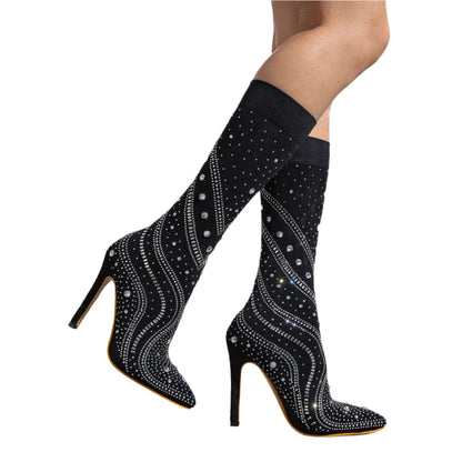 2024 New Stiletto Pointed-toe Elegant Rhinestone High-end Fashion Catwalk Nightclub Sexy Elastic Short Boots-2