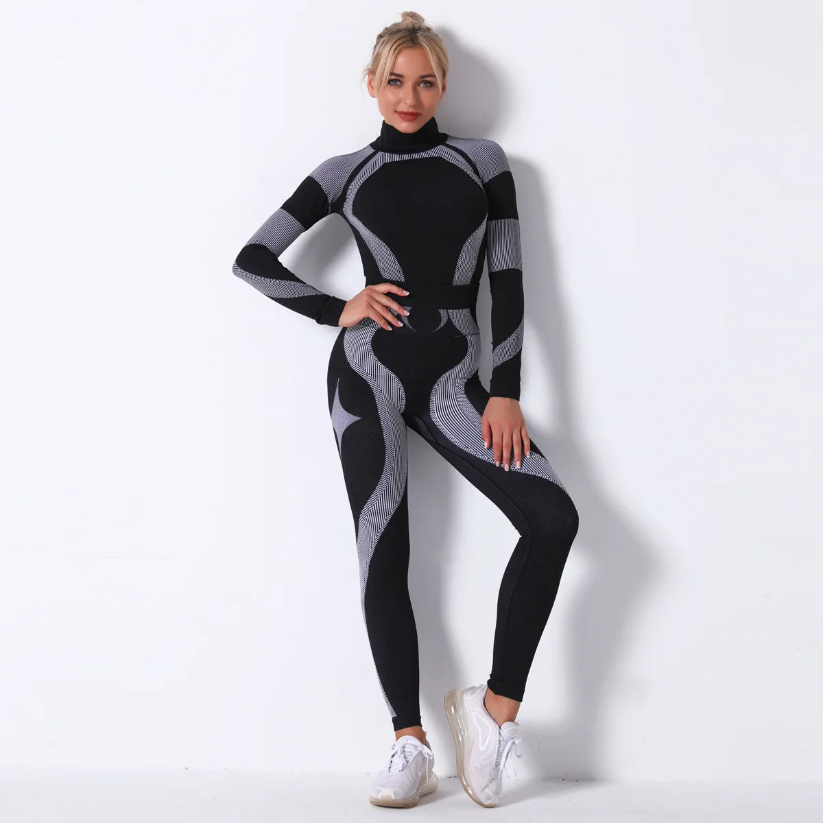 Breathable Yoga Workout Long Sleeve Shirt Leggings Set Gym Sports Fitness Striped Pants Suit For Women-10