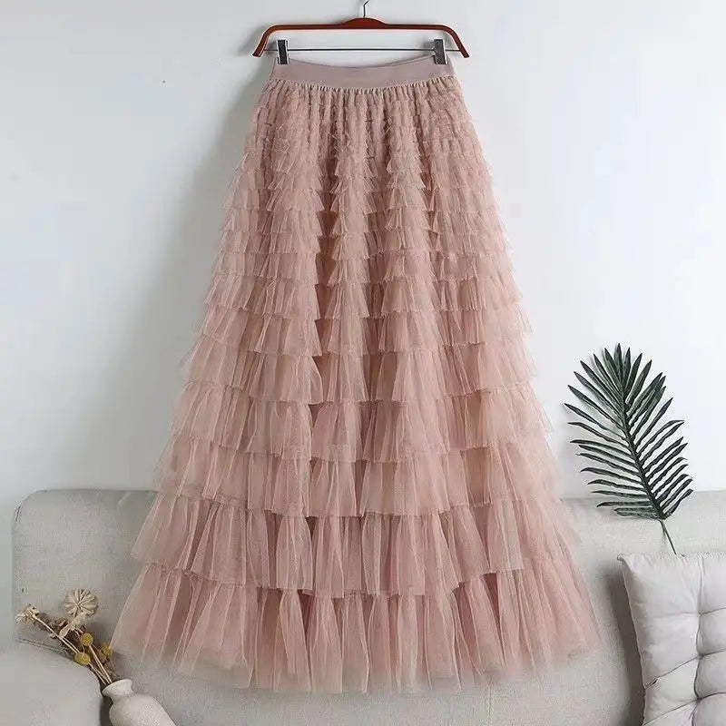 Advanced Mesh Half-Body Skirt Female Spring and Fall New High-Waisted Cake Womens Skirts-9