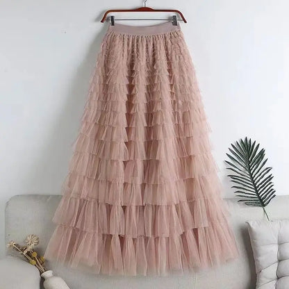 Advanced Mesh Half-Body Skirt Female Spring and Fall New High-Waisted Cake Womens Skirts-9
