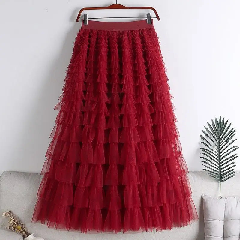 Advanced Mesh Half-Body Skirt Female Spring and Fall New High-Waisted Cake Womens Skirts-7