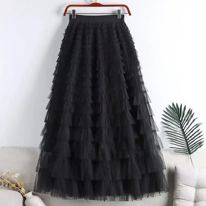 Advanced Mesh Half-Body Skirt Female Spring and Fall New High-Waisted Cake Womens Skirts-8