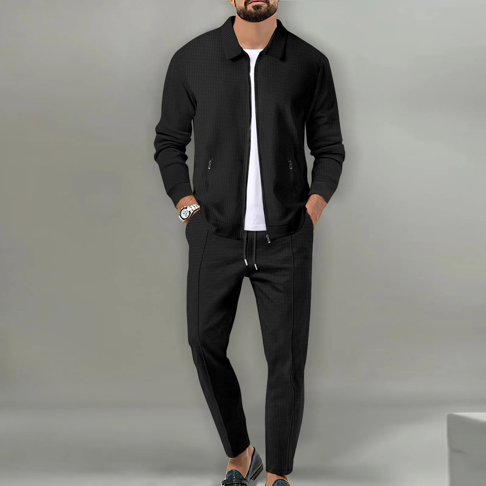 2024 Korea new men's fall two-piece jogging lapel jacket top + loose pants cotton casual sportswear big size workwear suit-1