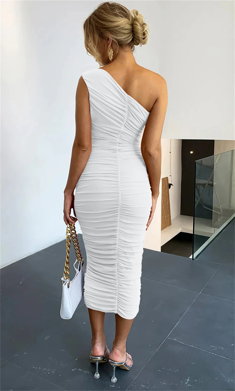 Women's Sexy Bodycon One Shoulder Sleeveless Ruched Midi Club Elegant Party Dresses-5