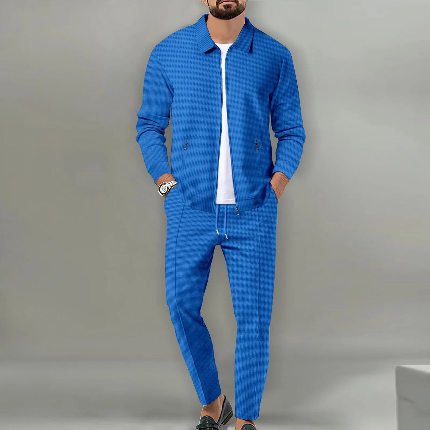 2024 Korea new men's fall two-piece jogging lapel jacket top + loose pants cotton casual sportswear big size workwear suit-8