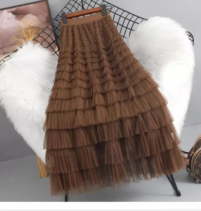 Advanced Mesh Half-Body Skirt Female Spring and Fall New High-Waisted Cake Womens Skirts-18