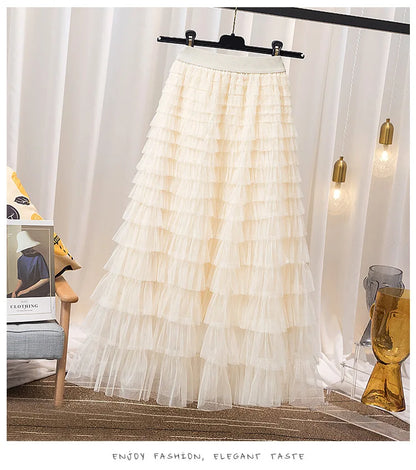 Advanced Mesh Half-Body Skirt Female Spring and Fall New High-Waisted Cake Womens Skirts-25