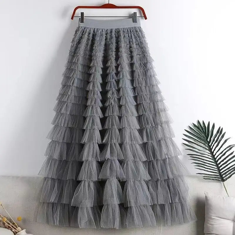 Advanced Mesh Half-Body Skirt Female Spring and Fall New High-Waisted Cake Womens Skirts-5