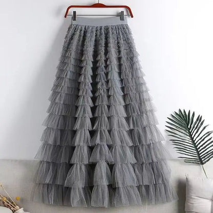 Advanced Mesh Half-Body Skirt Female Spring and Fall New High-Waisted Cake Womens Skirts-5