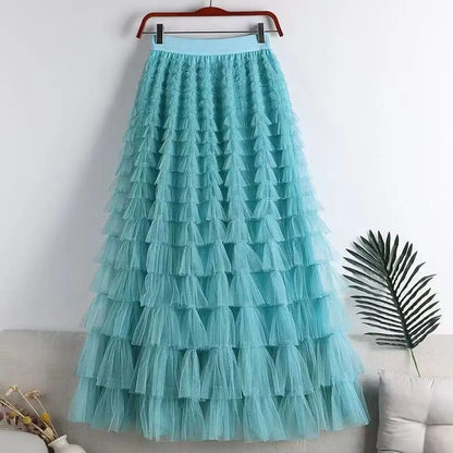 Advanced Mesh Half-Body Skirt Female Spring and Fall New High-Waisted Cake Womens Skirts-17