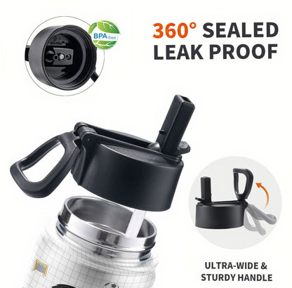 Leak-proof lid of the personalized kids water bottle with straw, showing 360° seal, black lid and straw, and stainless steel