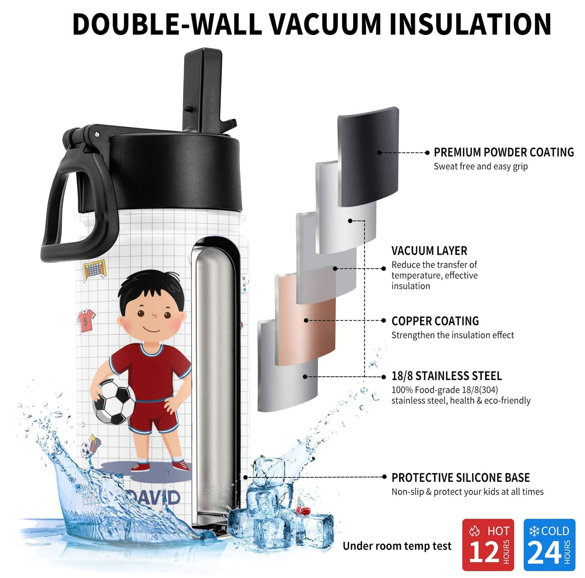 Personalized ice soccer water bottle with straw lid, double-wall vacuum insulated.