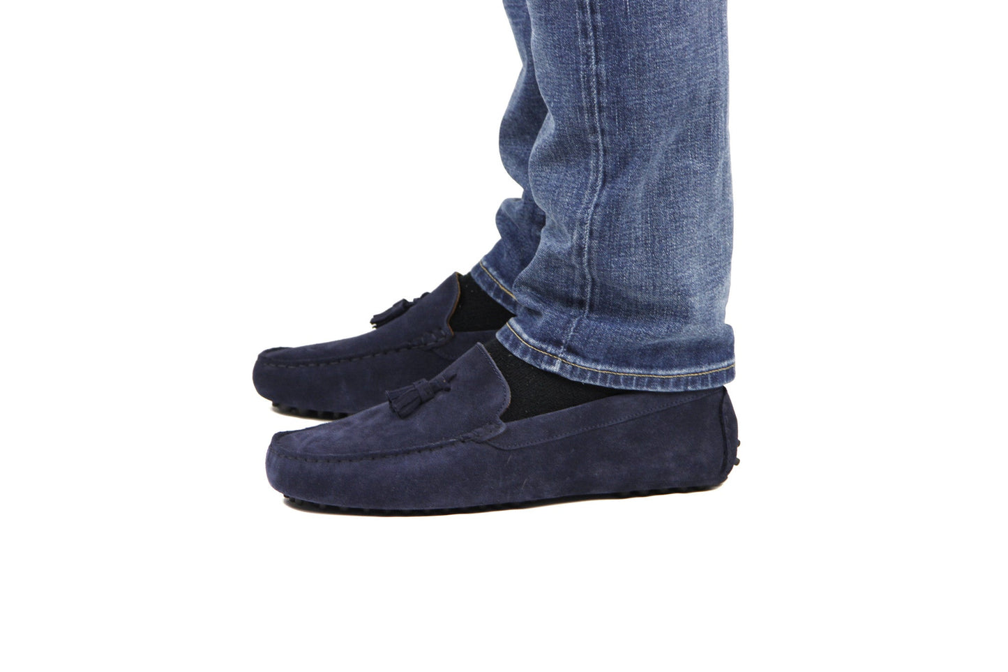 Men’s Tasselled Driving Loafers – Premium Navy Blue Suede Slip-On Shoes