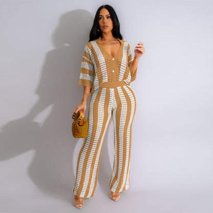 Women's Sexy V-neck Hollow Striped Lapel Knitted Width Blouse And Pants