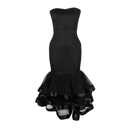 Sexy Tube Top High Waist Hip Mesh Stitching Cocktail Party Banquet Dress