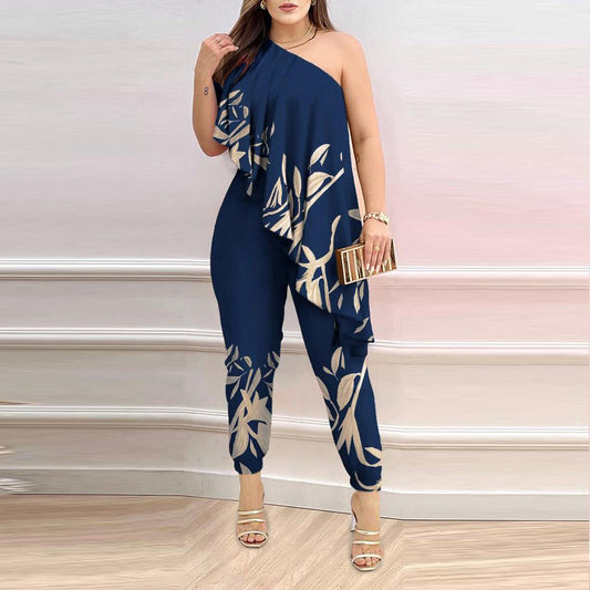Women’s Printed One-Shoulder Ruffled Jumpsuit – Elegant Statement Piece