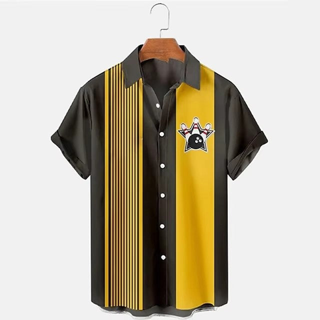 Men’s 3D Bowling Shirt – Digital Print, Casual Short Sleeve Top