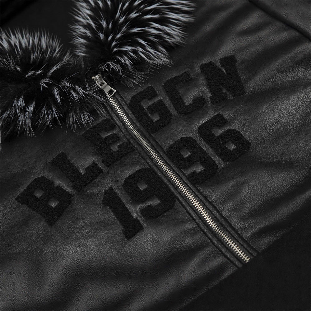 Men’s Streetwear Cotton Coat with Fur Collar & Embroidered Letters