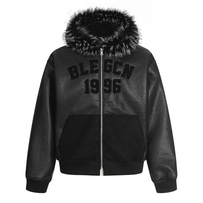 Men’s Streetwear Cotton Coat with Fur Collar & Embroidered Letters